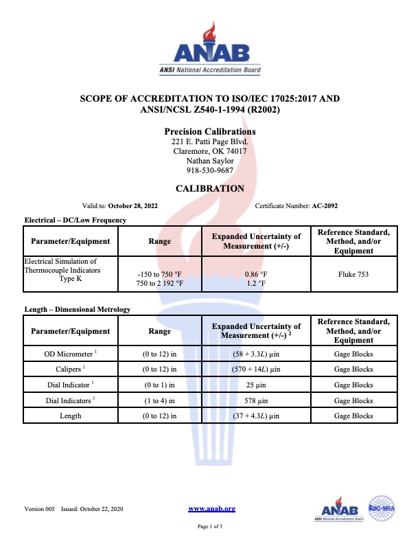 Tulsa Calibration Services | Scope | Precision Calibrations